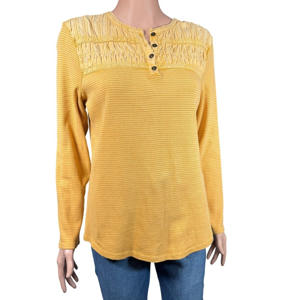 Coldwater Creek Mustard Yellow Ribbed Henley Top Pintuck Lace Yoke PM